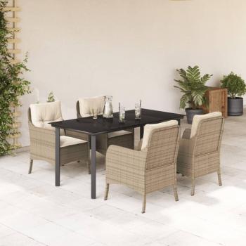 5-Piece Beige Poly Rattan Garden Dining Set with Cushions