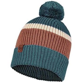 Gorro unisex Buff Knitted Elon Dusty Blue con diseño azul verdoso, marrón y crema