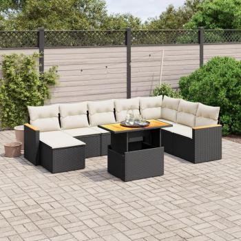 9-Piece Black Poly Rattan Garden Sofa Set with Cushions