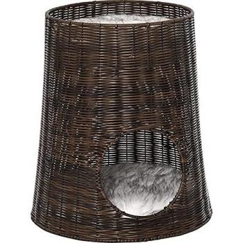 Pawhut Cesta de Ratán para Gatos Cama Cueva de 2 Niveles con Cojines Lavables 45 x 50 cm Marrón Oscuro
