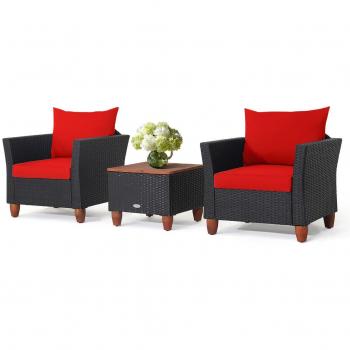 3-Piece Outdoor Patio Rattan Furniture Set with Cushioned Sofa and Storage Table with Wood Top in Red