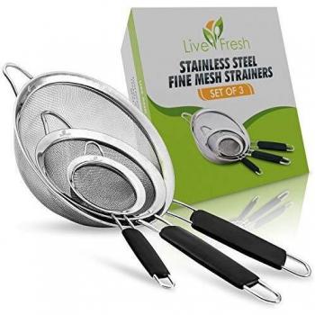Conjunto de coladores LiveFresh - Juego de coladores, cernedores y cedazos de acero inoxidable de calidad premium con una malla muy fina, hechos a mano, para quinoa y con cómodos mangos antideslizantes - 3 tamaños