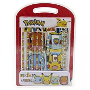 Set de Papelería Pokémon con Estuche de Metal, Material de Escritura y Dibujo, Incluye Lápices, Goma, y Regla