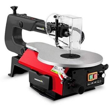 GREENCUT SRM120C - Sierra de marqueteria eléctrica de 120W y velocidad variable 400-1650rpm, longitud hoja 133mm, herramienta para taller y hogar, protector de hoja retráctil