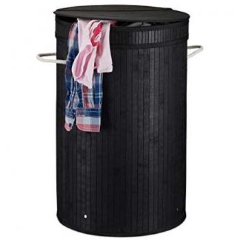 Cesto Ropa Sucia Plegable de Bambú con Tapa, Redondo, 65 Litros, Ø 40 cm, Negro