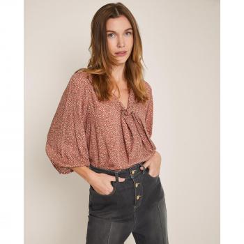 Blusa de mujer Trucco de manga abombada estampada con cuello en V acabado en lazo y flores