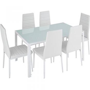 Conjunto de mesa y 6 sillas de comedor Brandenburg - Cuero sintético muy resistente, tablero robusto de vidrio de seguridad, diseño atractivo, alto confort, sillas modernas para salón y cocina - Blanco/Blanco