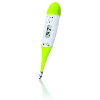 Termómetro digital Laica TH3302 con pantalla LCD de fácil lectura, incluye funda, apagado automático, color blanco y verde.