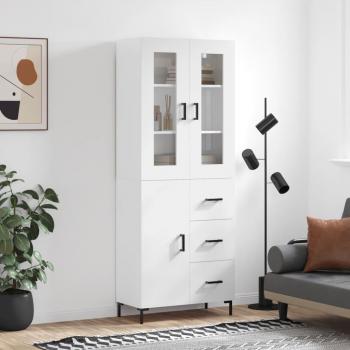 Aparador alto de madera contrachapada blanco brillo 69,5x34x180 cm con 1 puerta y 3 cajones, mueble de almacenaje para salón, buffet y armario auxiliar