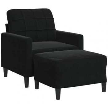 Sillón con taburete de terciopelo negro 60 cm, sofá individual, sillón bañera, sillón Club, sofá Confort, sillón de TV, sofá de Relax