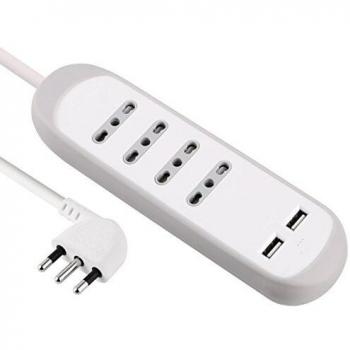 Multipresa Bivalente Electraline 62061 con 4 Tomas 10/16A y 2 USB 2.1A, Antideslizante y Protección de Silicona