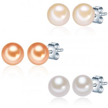 Pendientes de Perlas de Agua Dulce - Set de 3 en Plata Esterlina con Perlas Rosa, Naranja y Azul Grisáceo para Dama