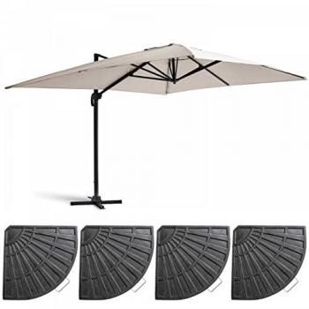 Parasol excéntrico inclinable 4x3 m con 4 losas de lastre de aluminio blanco