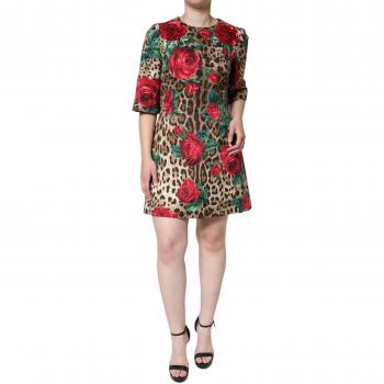 Multicolor Brown Leopard and Red Roses A-line Dress - Size XL
