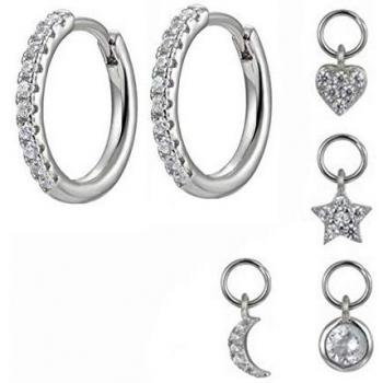 Yolistar 1 Par Mujeres Estrella Pendientes Aro Colgantes Plata Ley 925, Juego de Pendientes de Aro con 4 Pequeños Dijes, Pendientes de Gota de Círculo de Estrella de Luna para Mujer