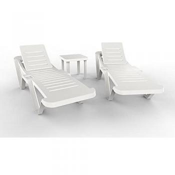 Conjunto de Mesa con Tumbonas Resol Master + Andorra Blanco 3 Piezas, incluye 2 tumbonas reclinables y una mesa auxiliar, diseño ligero, apilable, con ruedas y posavasos