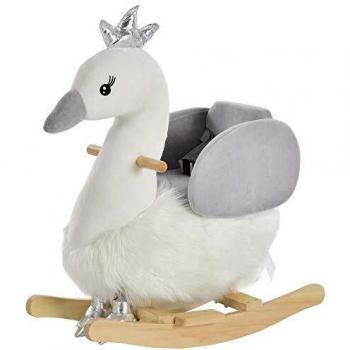 HOMCOM Caballito Balancín para Bebé de +18 Meses Suave con Forma de Cisne Sonidos Reposapiés y Cinturón 60x33x59 cm Blanco y Gris