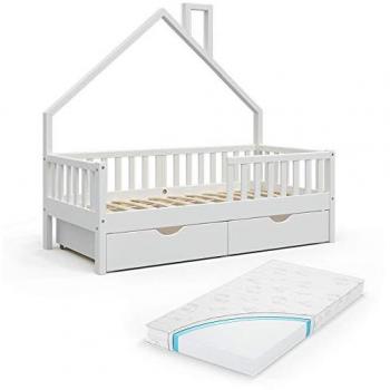 Cama en Forma de Casa Noemi, Blanco, 80x160 cm con 2 Cajones y Colchón Vitalispa