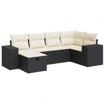 6-Piece Black Poly Rattan Garden Sofa Set with Cushions