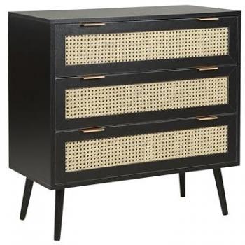 Cómoda de ratán 3 cajones con frente de mimbre, MDF negro y patas de madera de caucho, estilo boho para sala de estar
