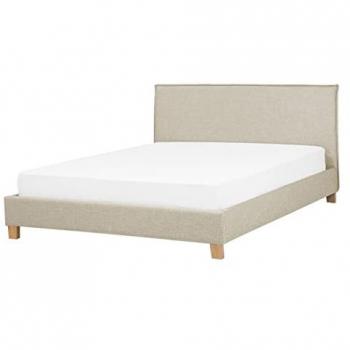 Marco de cama tapizado en tela beige con patas de madera 140 x 200 cm, cabecero minimalista estilo escandinavo