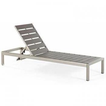 Tumbona de jardín de metal gris plateado con respaldo reclinable y madera plástica Nardo
