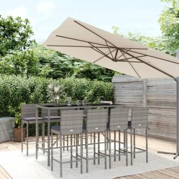 9-Piece Grey Poly Rattan Outdoor Bar Set with Cushions