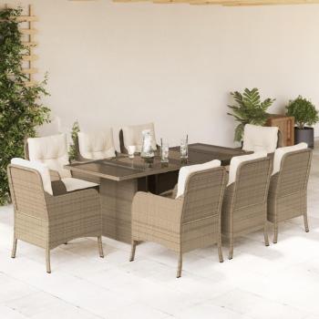 9-Piece Beige Poly Rattan Garden Dining Set with Cushions