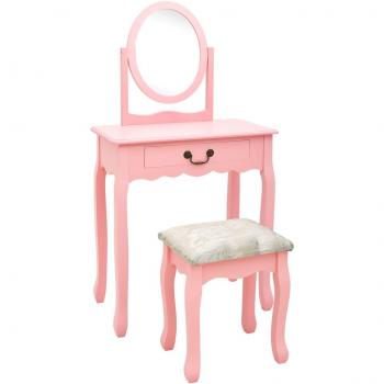 Tocador y taburete de madera de paulownia y MDF rosa 65x36x128 cm