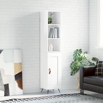 Aparador alto de madera contrachapada blanco brillo 34,5x34x180 cm con 1 puerta de madera, mueble de almacenaje para salón, buffet y armario auxiliar