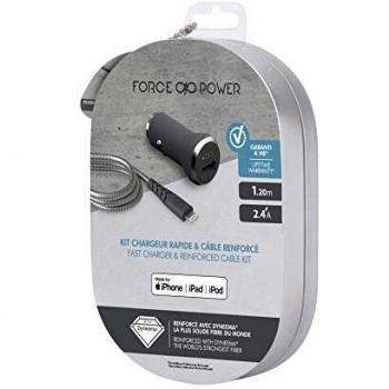 Cargador para coche Force Power 1 Puerto USB + Cable Lightning Reforzado 1,2 m con Garantía de por Vida
