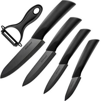 Ankway Cuchillos de Cocina de Cerámica Negro [Versión Mejorada], Juego de Cuchillos de Cerámica con Funda para Cocinar Carne Verduras Fruta Pan-Resistente a la Corrosión y a Las Manchas, 5 Piezas