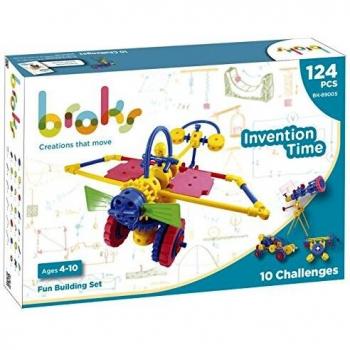 BROKS Invention Time - Juego de construcción STEM con 124 piezas encajables con engranajes y piezas flexibles para niños y niñas de 4 a 10 años - Nuevo Modelo