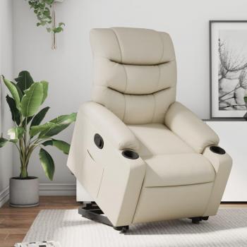 Sillón reclinable elevable de cuero artificial en color negro, crema y marrón - Sillón cómodo para dormitorio, silla relax y sofá