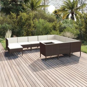11-Piece Brown Poly Rattan Garden Lounge Set with Cushions