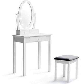 Tocador Bella con espejo LED y taburete - IDMARKET - Blanco - 3 cajones - Almacenamiento incluido