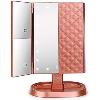 DeWEISN Espejo Maquillaje con Luz, Espejo de Tocador Iluminado con 1x/2x/3x Aumento, 21 LED Portátil Espejo Triple Pantalla Táctil Rotación de 90° Espejo Cosmético para Viaje, Regalo para Mujeres