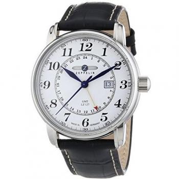 Zeppelin Second Time Zone GMT Black Leather Strap Watch With Date Function