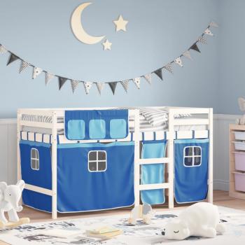 Cama alta para niños con cortinas azul 90x200 cm de pino macizo