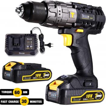 Taladro Percutor a Batería, TECCPO Professional 60Nm Taladro Inalámbrico 18V, 2 Baterías 2.0Ah, 30min Cargador Rápido, 29 Accesorios, 13mm Mandril Automática, 21+3 Ajustes de Par - TDHD01P