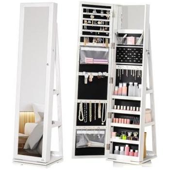 HOMCOM Espejo Joyero de Pie Armario de Joyería Giratorio 360° Organizador de Joyas con Cerradura y Espejo Pequeño Incorporado Carga 20 kg 38x38x160 cm
