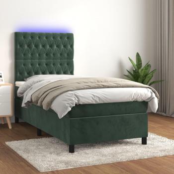 Cama Box Spring con Colchón y LED Terciopelo Verde Oscuro 90x190 cm