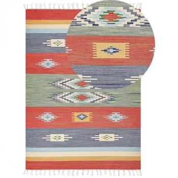Alfombra Kilim Multicolor de Algodón 200 x 300 cm Tejida a Mano Reversible con Patrón Geométrico y Borlas
