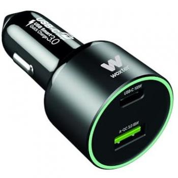 Cargador de coche Woxter PE26-182, 2 puertos (1x USB Tipo-C y 1x USB-A), potencia de 100W, compatible con vehículos de 12V/24V, color negro