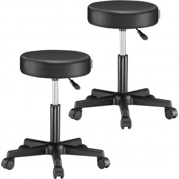 Taburete de 2 piezas con ruedas de cuero sintético negro, altura regulable de 46 a 60 cm, acolchado de 10 cm, rotación de 360°, diámetro de 35 cm