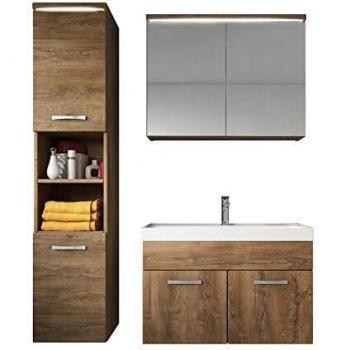 Conjunto de Muebles de Baño Paso 80 cm - Roble Marrón, Incluye Mueble Lavabo, Espejo y Mueble Auxiliar