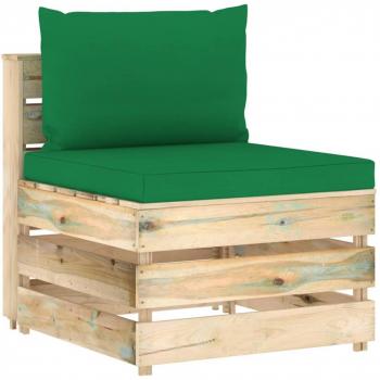 Sofá central seccional con cojines de madera impregnada en verde y gris.