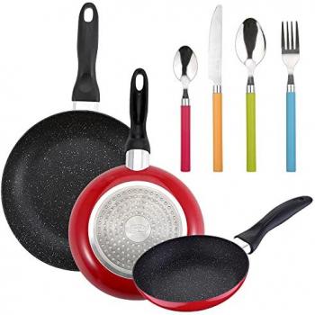 Pack de 3 Sartenes San Ignacio Ø16CM Ø20CM Ø24CM + Set de Cubertería Multicolor 24 Piezas en Acero Inoxidable