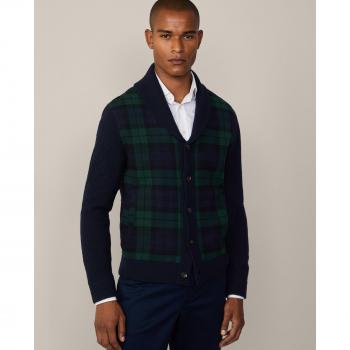 Chaqueta de punto de hombre a cuadros con cuello chal Hackett en azul marino (XS) - Casual, lana