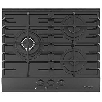 Schneider SCTG6031N3NG Placa de Gas Natural 3 Zonas 60cm Cristal Negro, 3 fuegos, mandos frontales, parrilla de hierro fundido, acabado en cristal templado negro, instalación